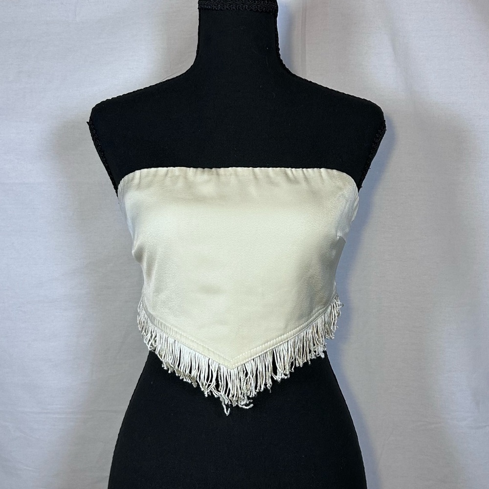 Fringe Trim Cream Strapless Crop Top